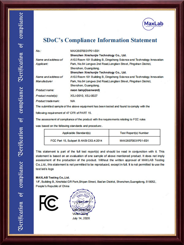 General FCC certificate for neon lights