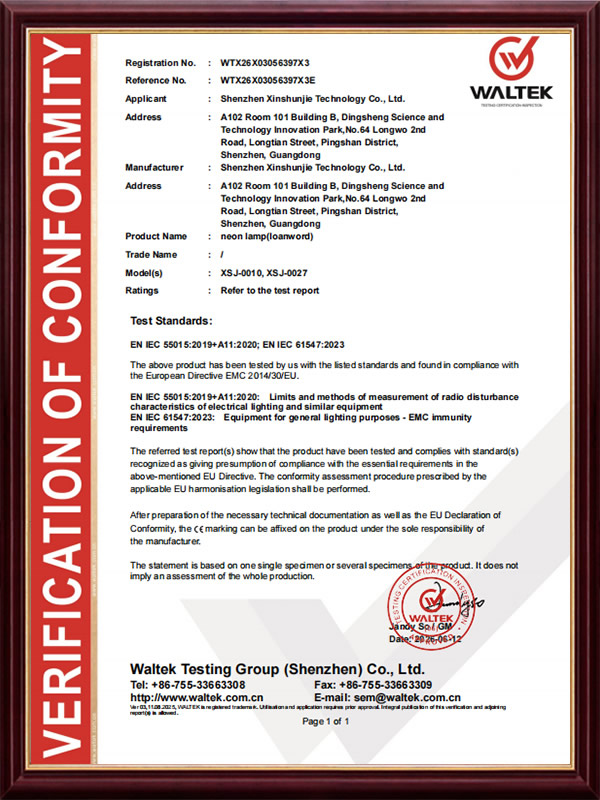 General EMC Certificate for Neon Lights